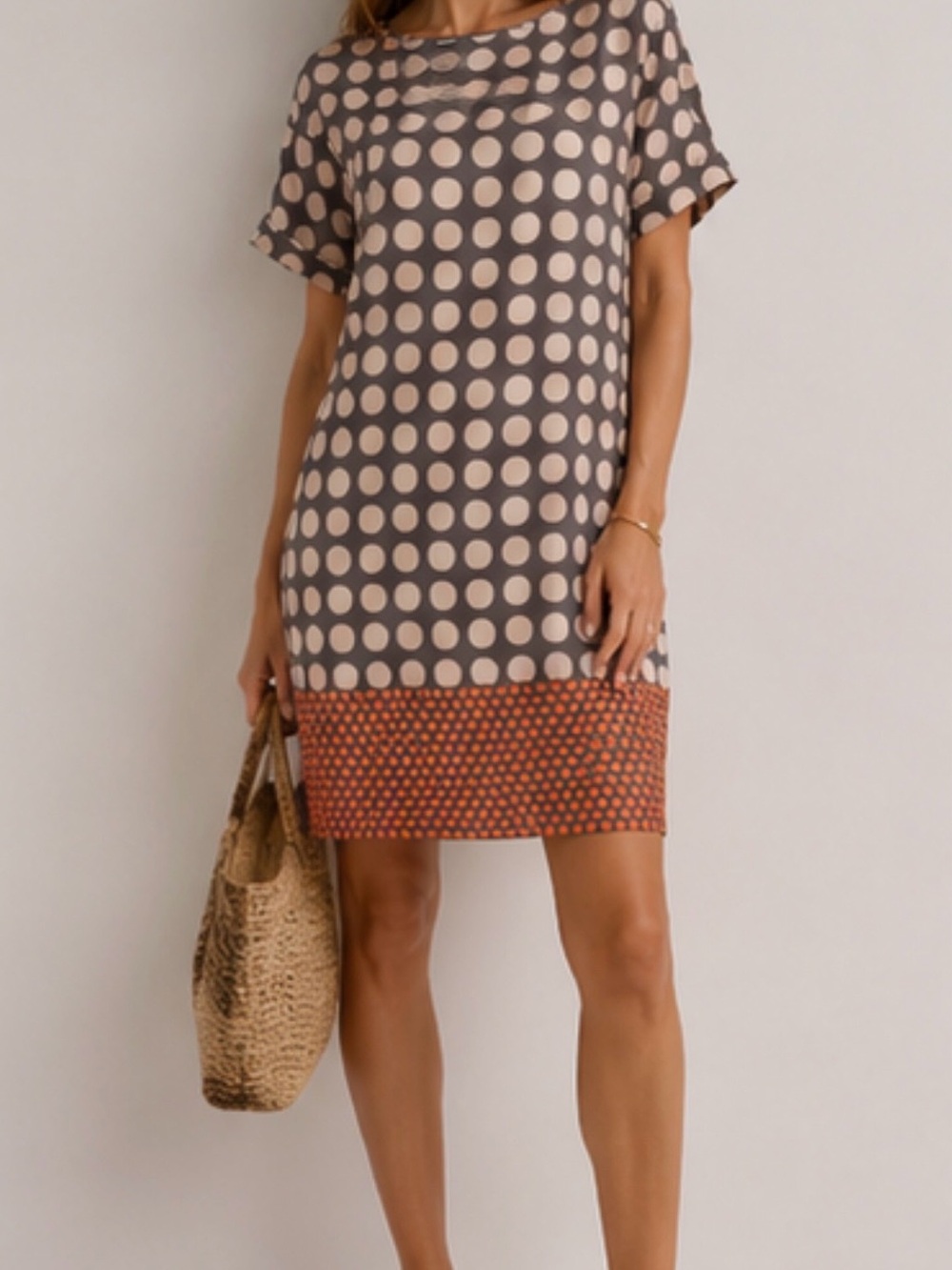 Devernois Polka Dot Shift Dress with Contrast Hem